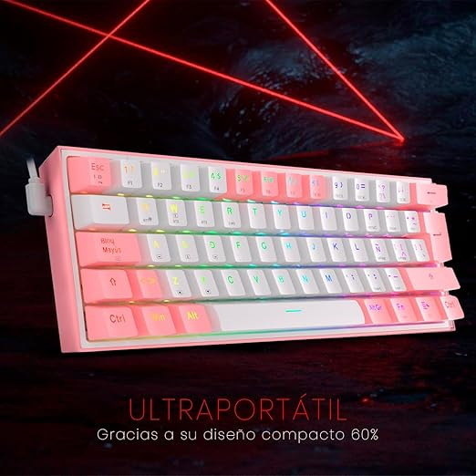 Teclado Gamer Inalámbrico Redragon Fizz Pro K616 RGB, Español, Red Switch, RGB, 60%, Blanco/Rosado-3