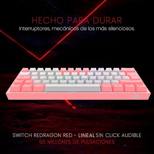 Teclado Gamer Inalámbrico Redragon Fizz Pro K616 RGB, Español, Red Switch, RGB, 60%, Blanco/Rosado-4