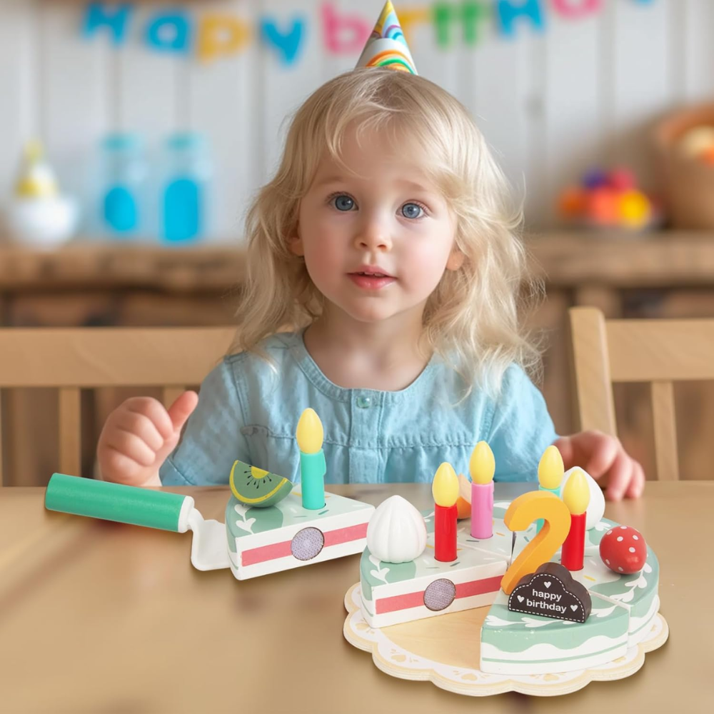 Pastel de Cumpleaños juego de roles de madera. Corta frutas y verduras de madera.-1