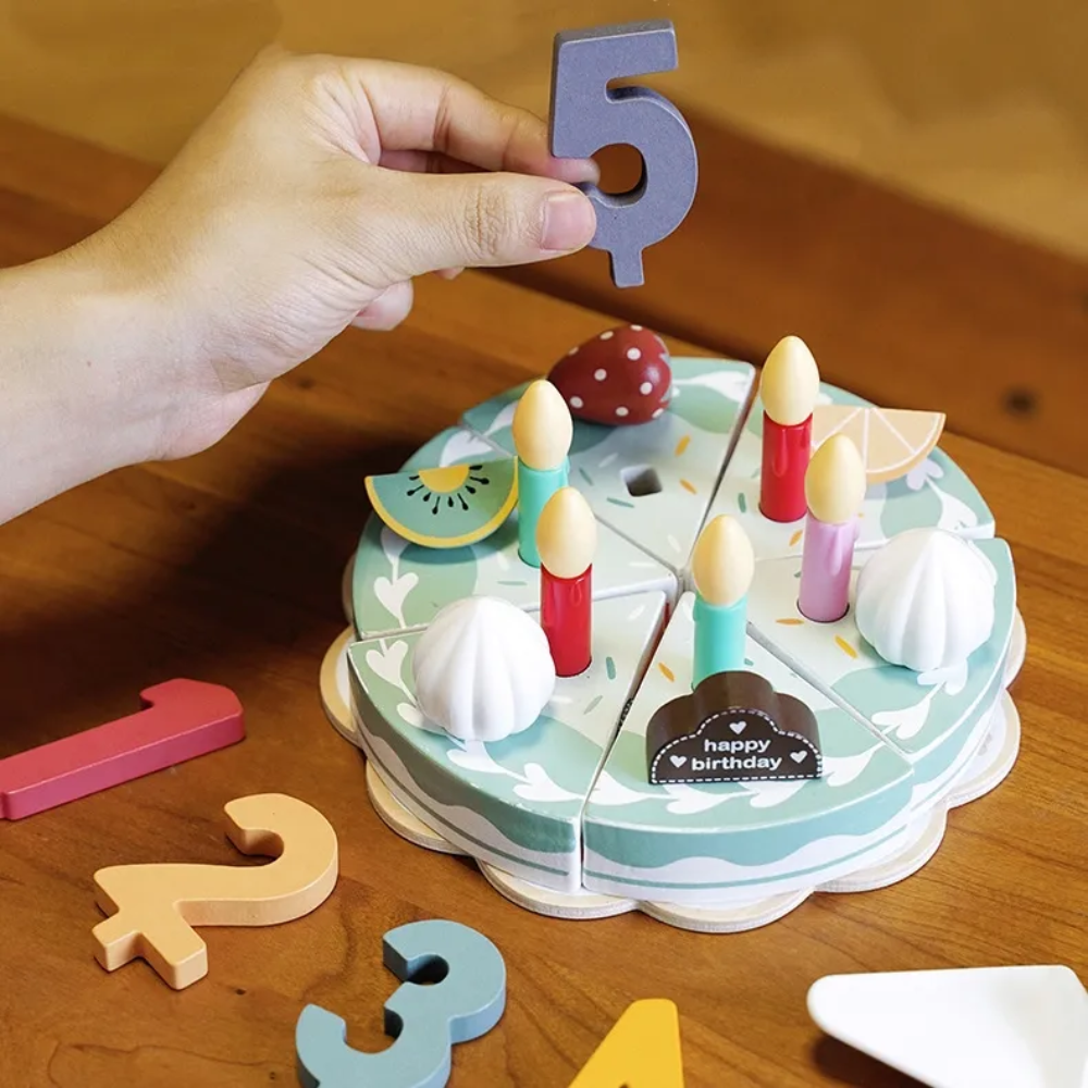 Pastel de Cumpleaños juego de roles de madera. Corta frutas y verduras de madera.-2