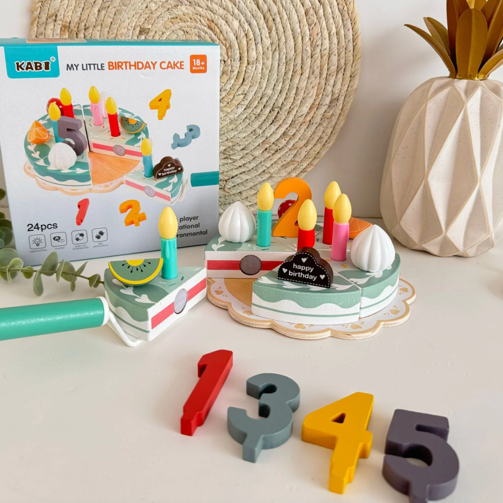 Pastel de Cumpleaños juego de roles de madera. Corta frutas y verduras de madera.-3