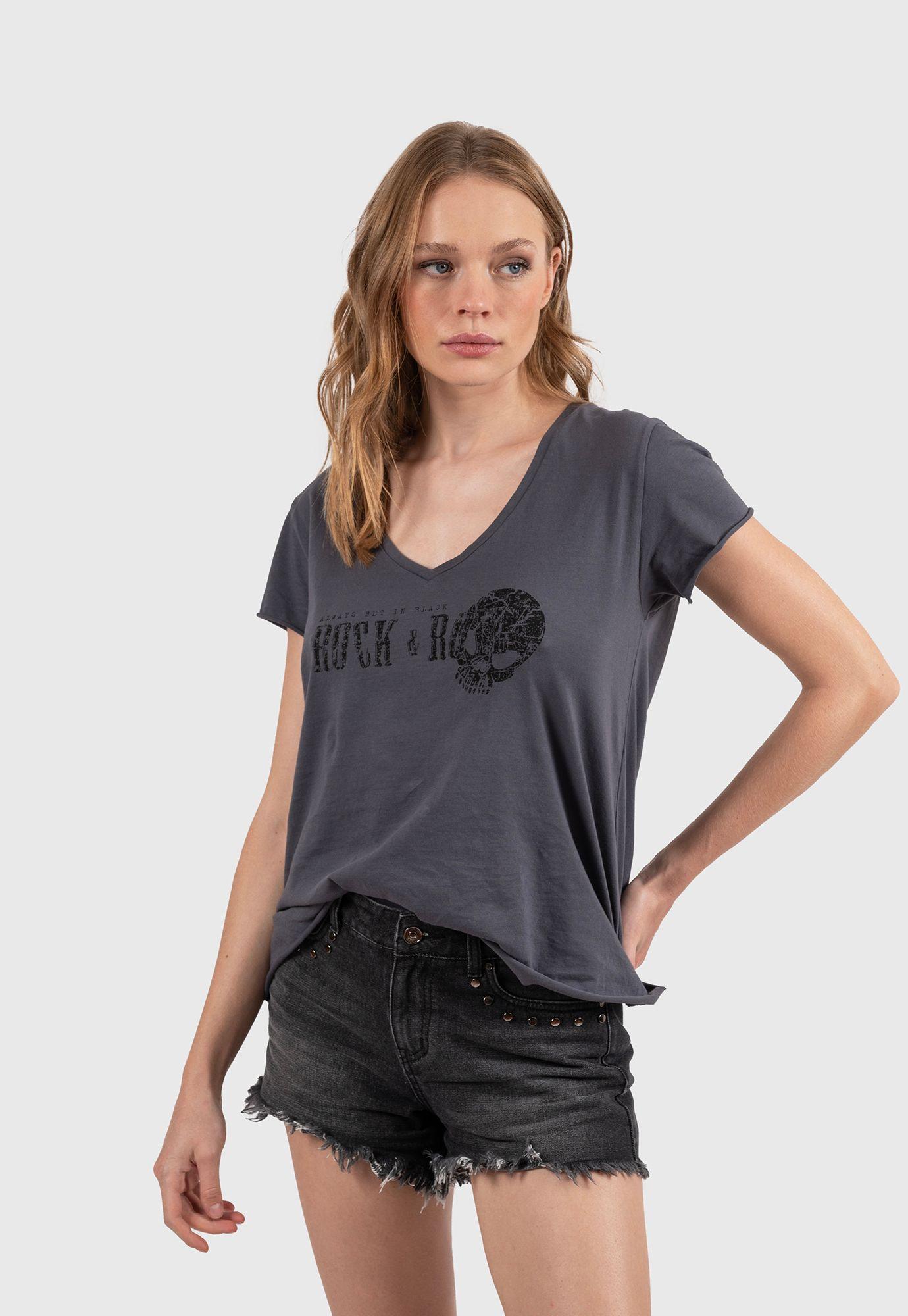 Women Cotton V-Tee Dark Grey Black Bubba-0