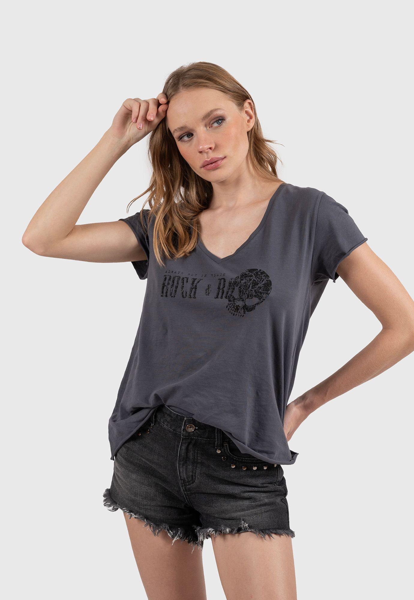 Women Cotton V-Tee Dark Grey Black Bubba-2