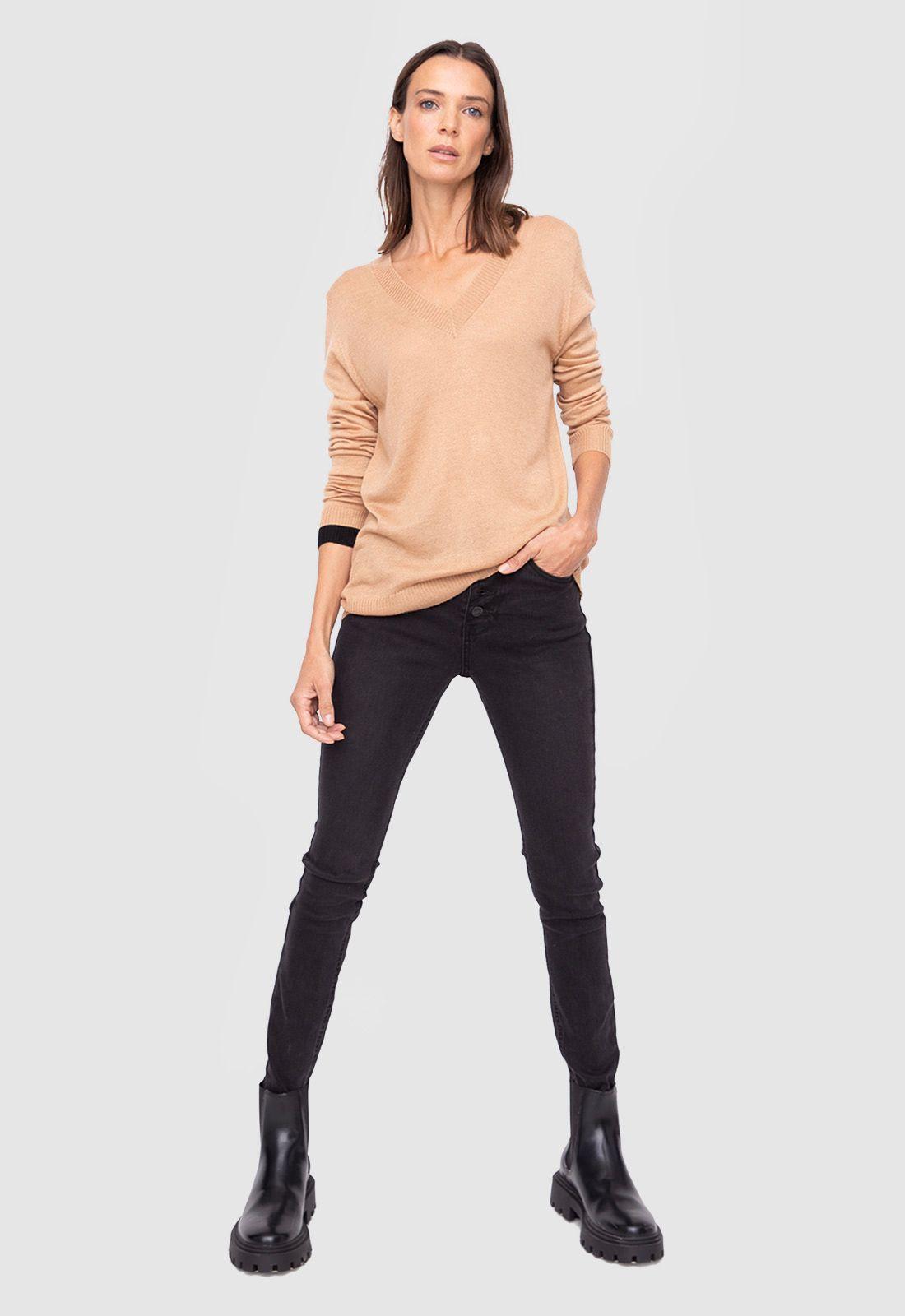 Women Sweater Solid Line Beige  Black Bubba-4