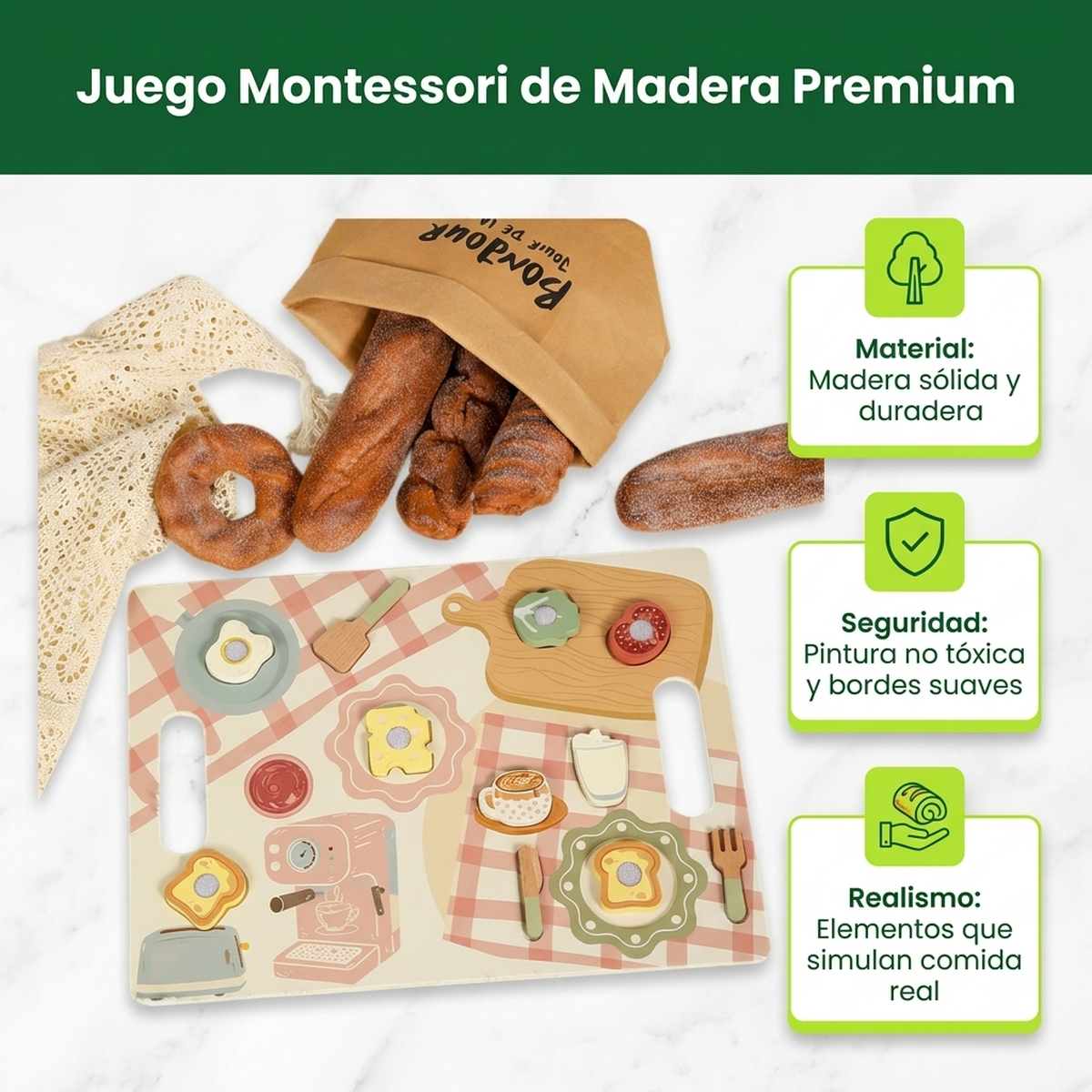 Juego Niños Madera Set Accesorios Desayuno Juguete Educativo Vkids - Desayuno-1