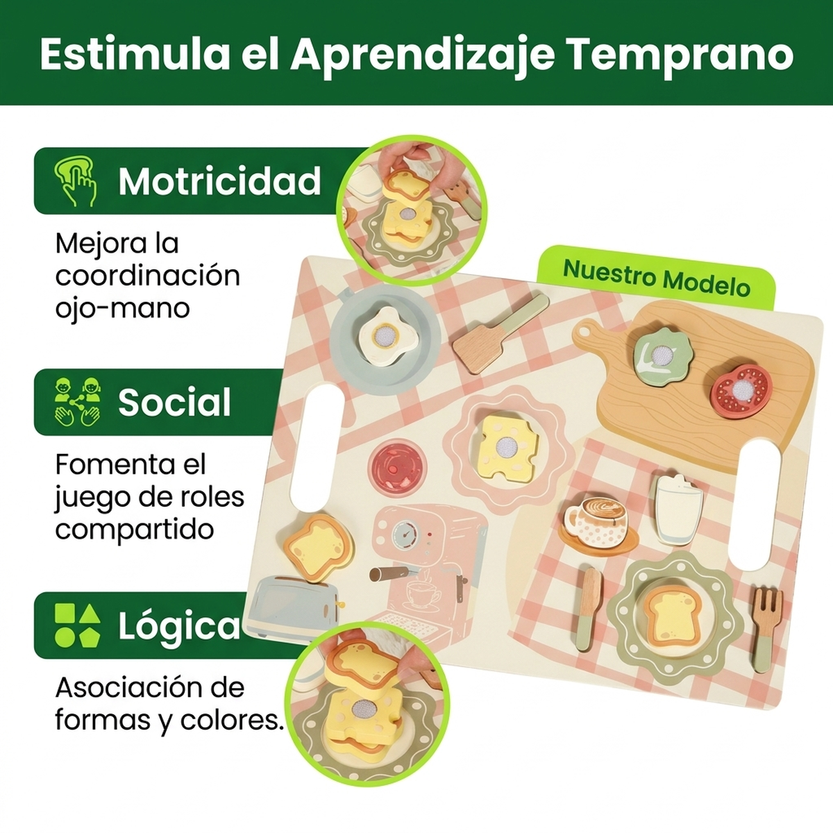 Juego Niños Madera Set Accesorios Desayuno Juguete Educativo Vkids - Desayuno-2