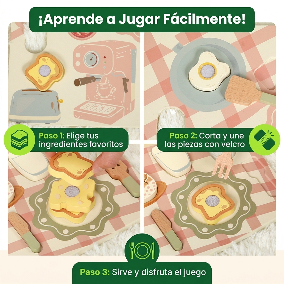 Juego Niños Madera Set Accesorios Desayuno Juguete Educativo Vkids - Desayuno-5