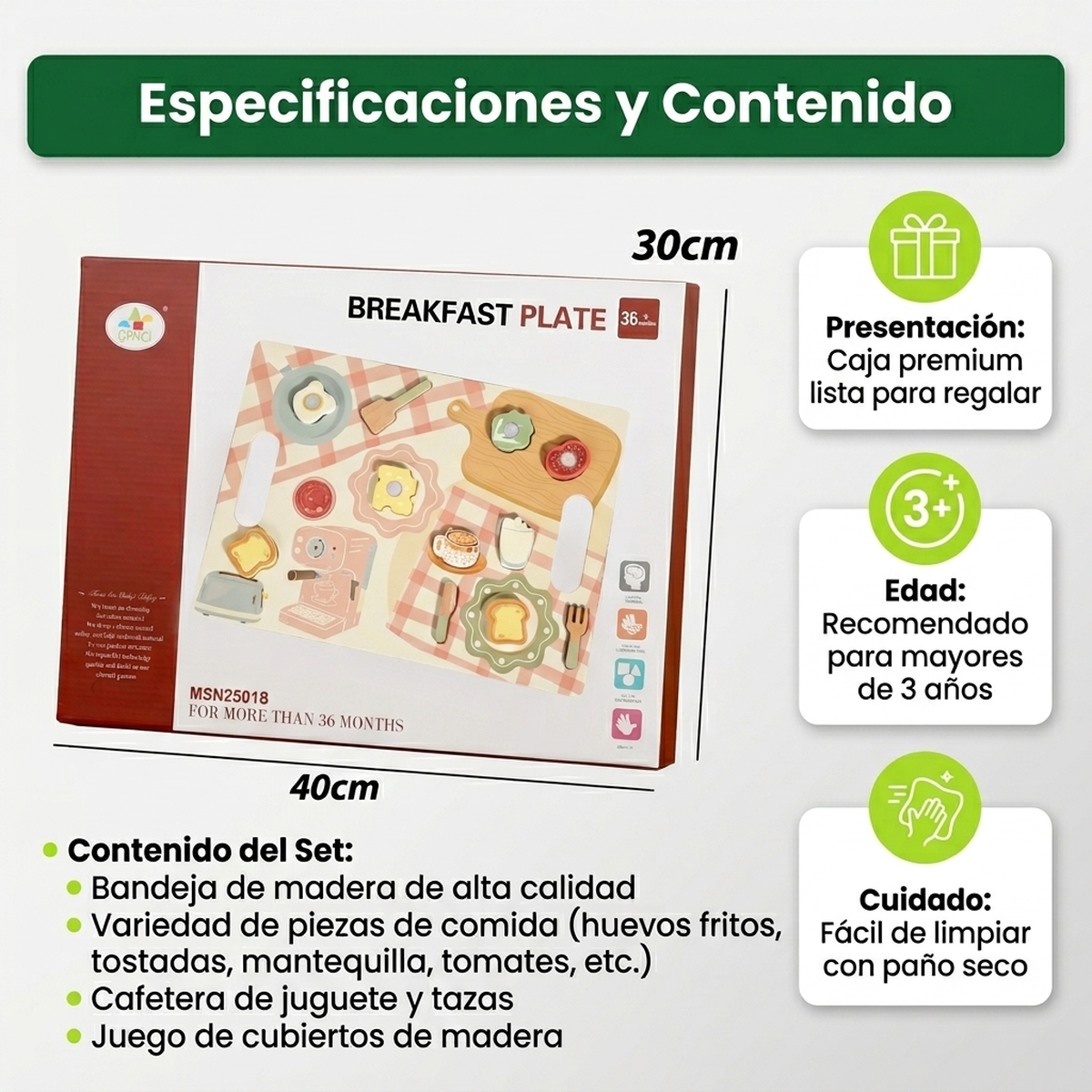 Juego Niños Madera Set Accesorios Desayuno Juguete Educativo Vkids - Desayuno-6