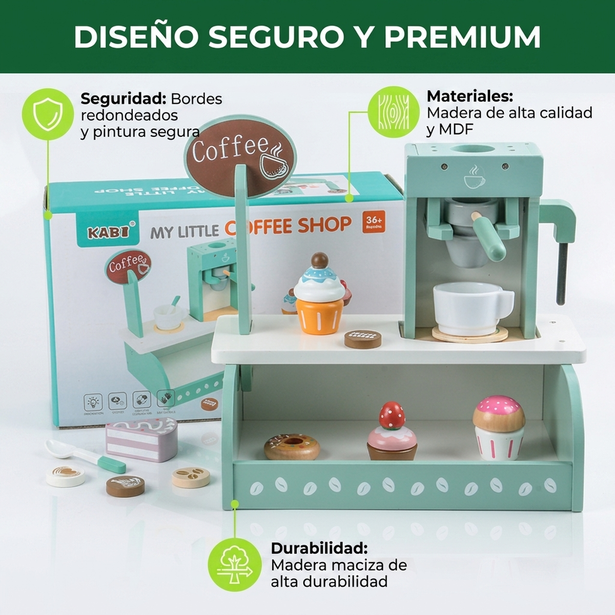 Juguete Madera Niños Cafetera Cocina Juego Sensorial Roles Verde Menta Con Blanco Y Detalles Madera-2