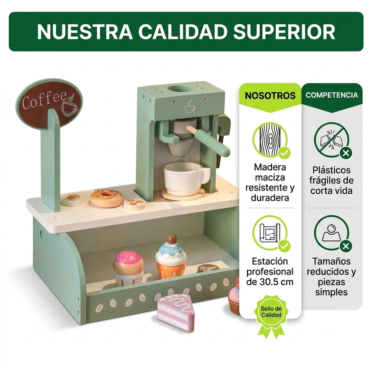 Juguete Madera Niños Cafetera Cocina Juego Sensorial Roles Verde Menta Con Blanco Y Detalles Madera-3