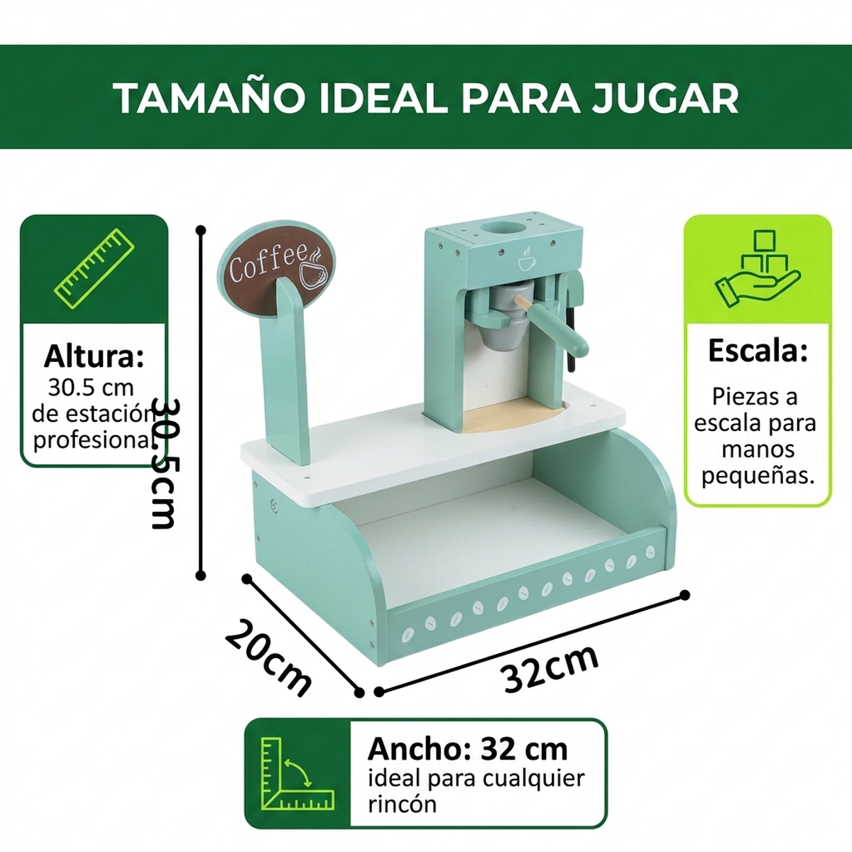 Juguete Madera Niños Cafetera Cocina Juego Sensorial Roles Verde Menta Con Blanco Y Detalles Madera-4
