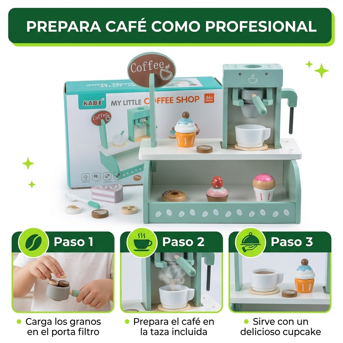 Juguete Madera Niños Cafetera Cocina Juego Sensorial Roles Verde Menta Con Blanco Y Detalles Madera-5
