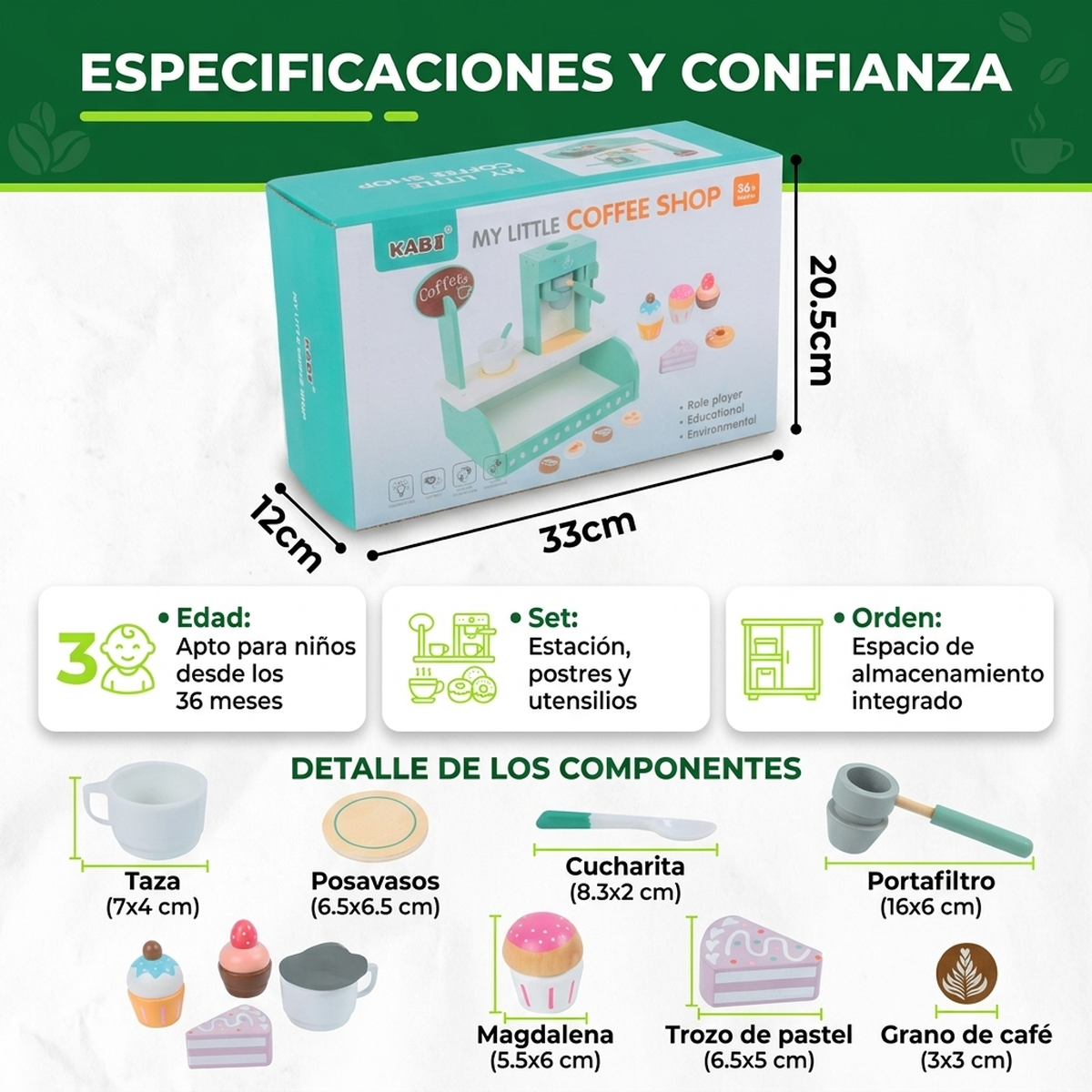 Juguete Madera Niños Cafetera Cocina Juego Sensorial Roles Verde Menta Con Blanco Y Detalles Madera-6