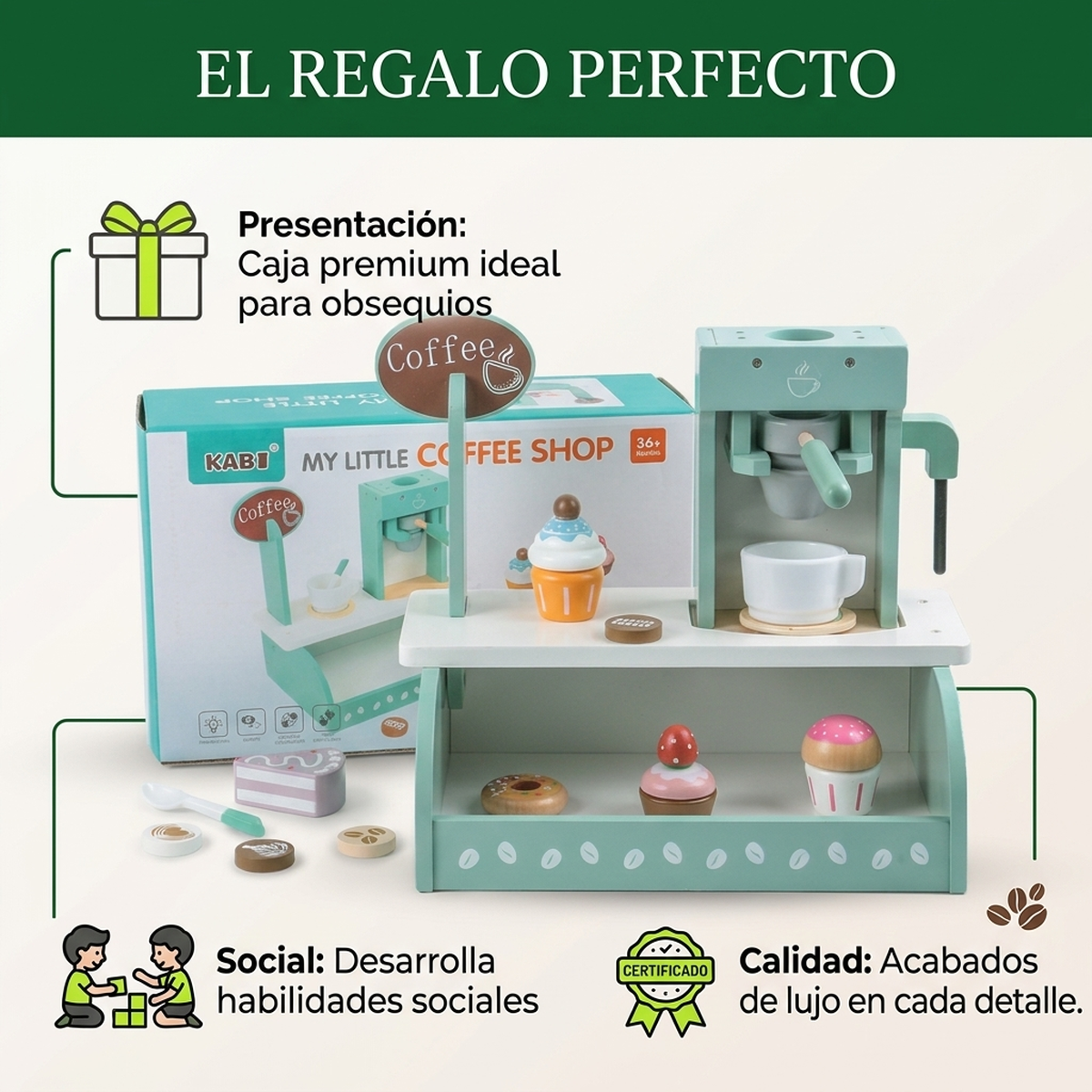 Juguete Madera Niños Cafetera Cocina Juego Sensorial Roles Verde Menta Con Blanco Y Detalles Madera-7