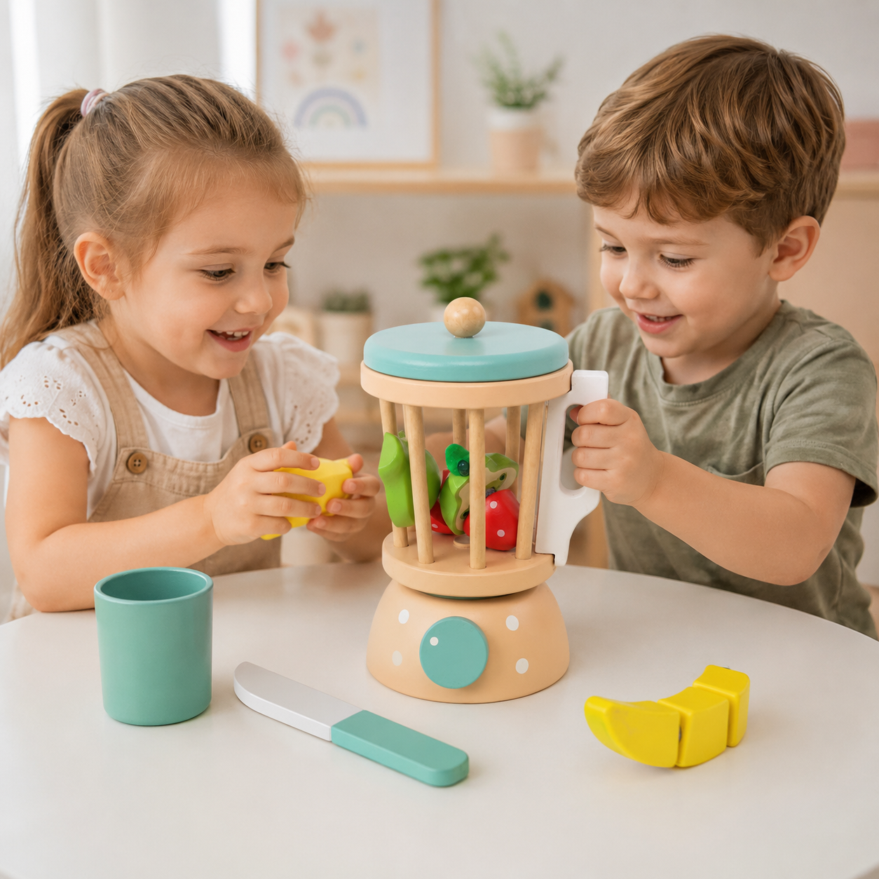 Juguete Didactico Niños Set Mezclador Frutas Alimento Madera Vkids - Alimentos-1