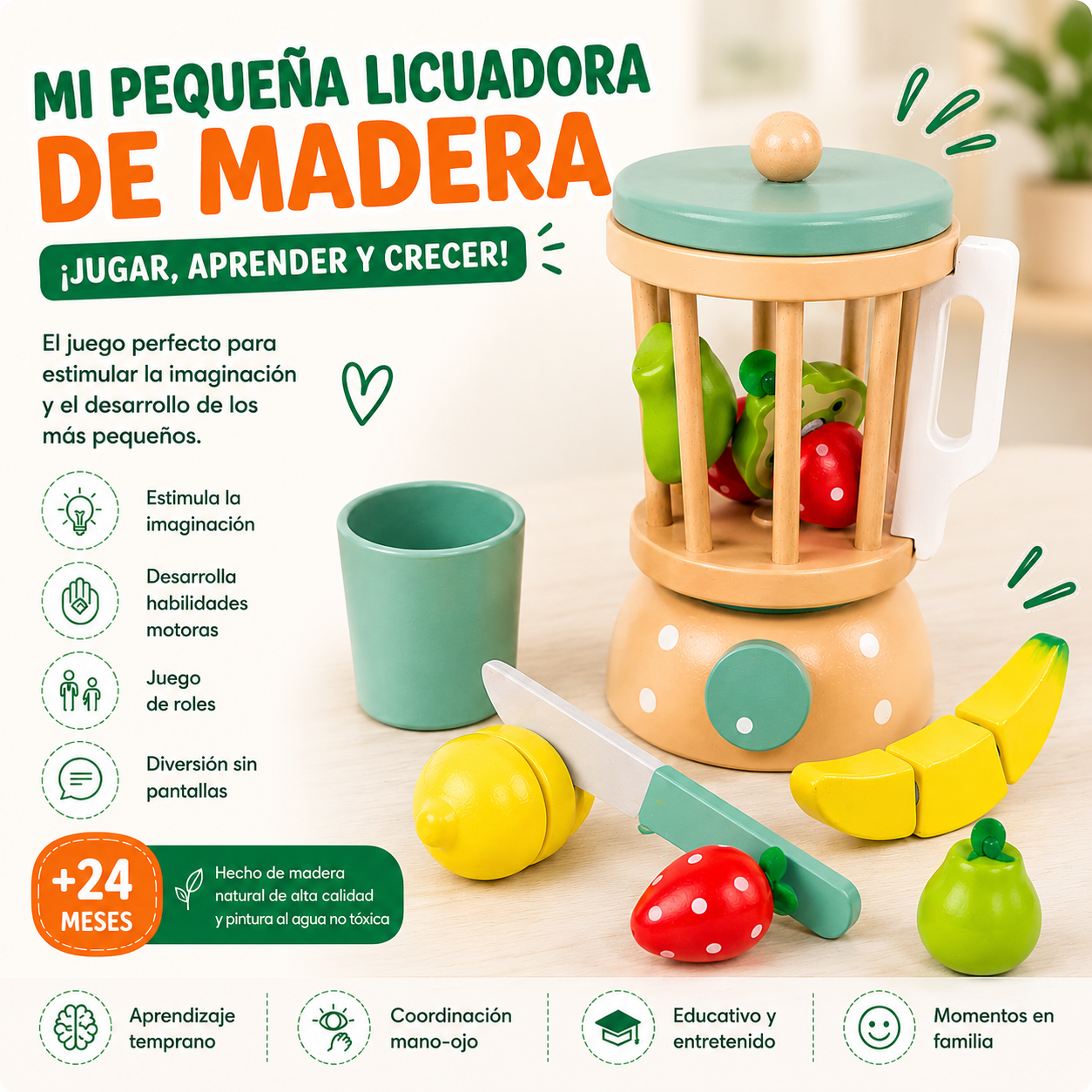 Juguete Didactico Niños Set Mezclador Frutas Alimento Madera Vkids - Alimentos-2