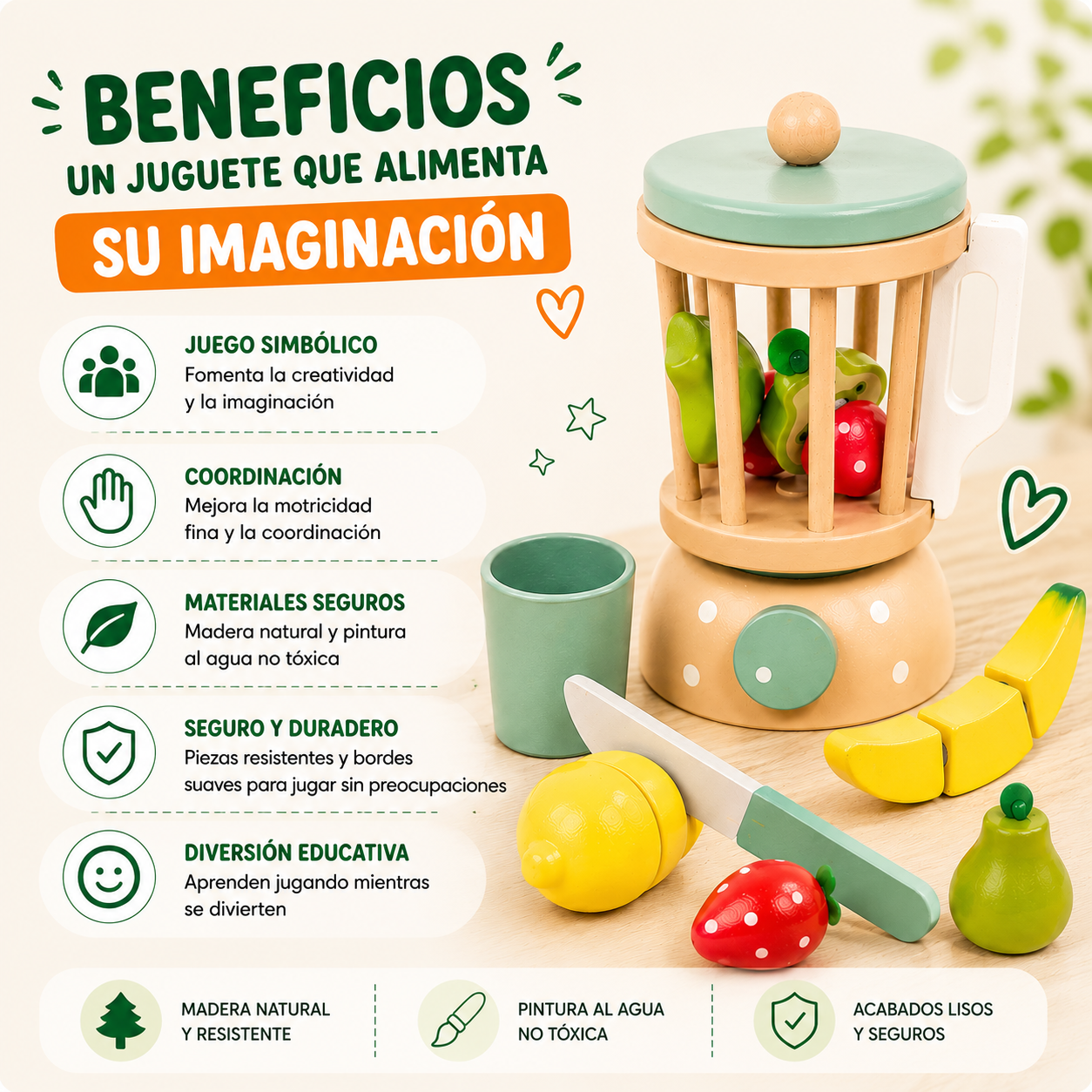 Juguete Didactico Niños Set Mezclador Frutas Alimento Madera Vkids - Alimentos-3