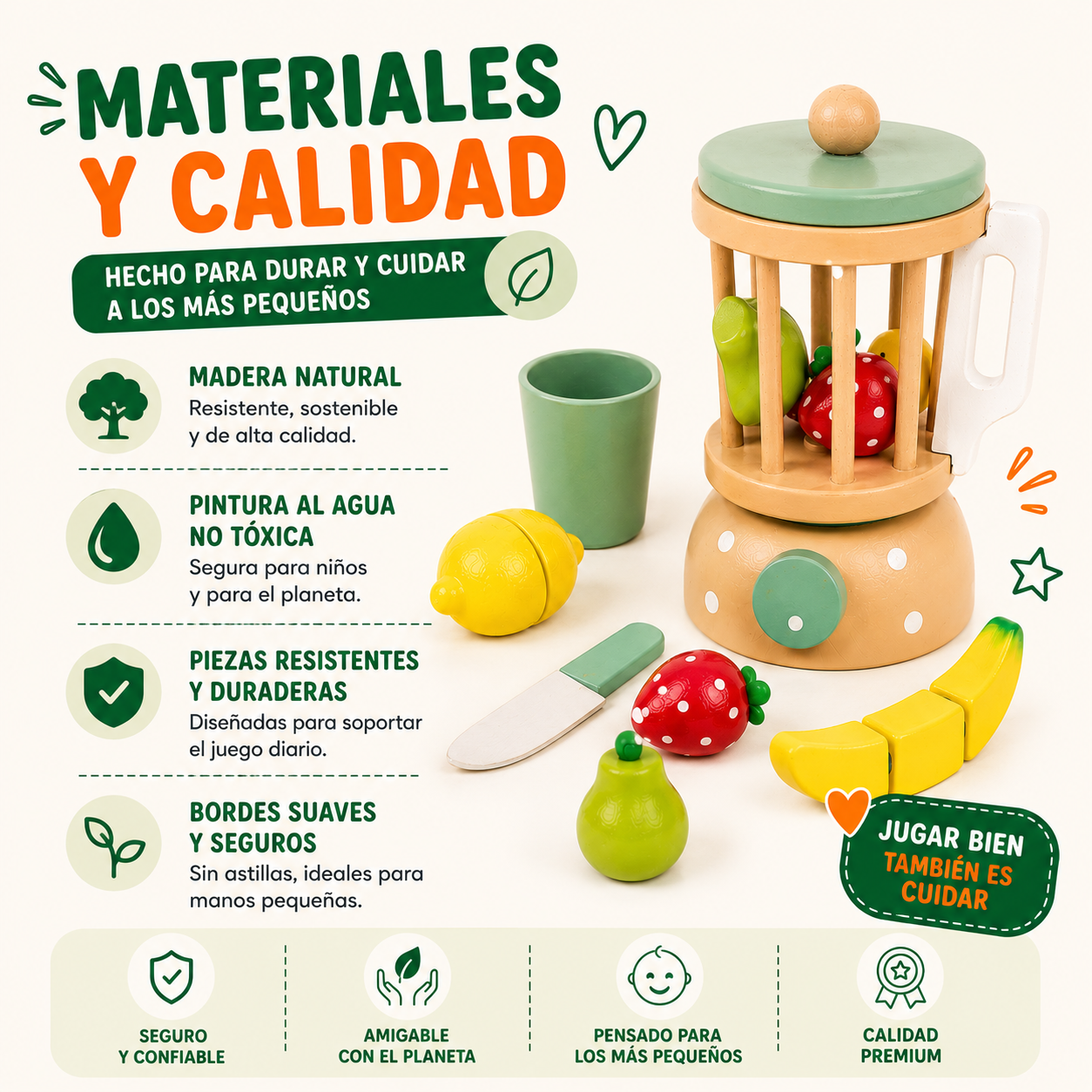 Juguete Didactico Niños Set Mezclador Frutas Alimento Madera Vkids - Alimentos-4
