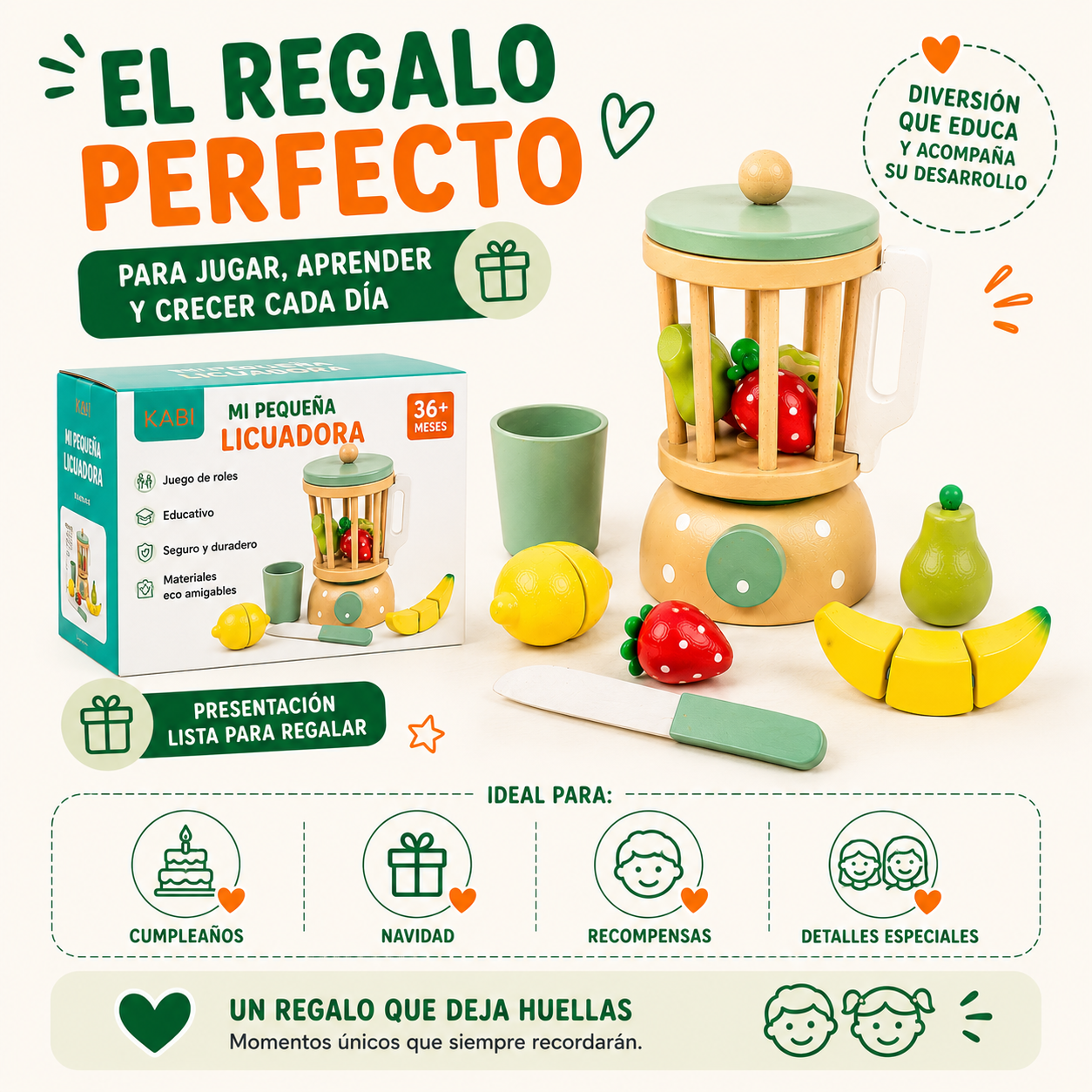 Juguete Didactico Niños Set Mezclador Frutas Alimento Madera Vkids - Alimentos-5
