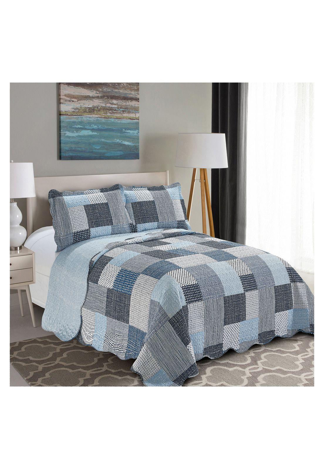 Quilt Cubrecama Reversible Patchwork 1,5 Plaza Celeste-1