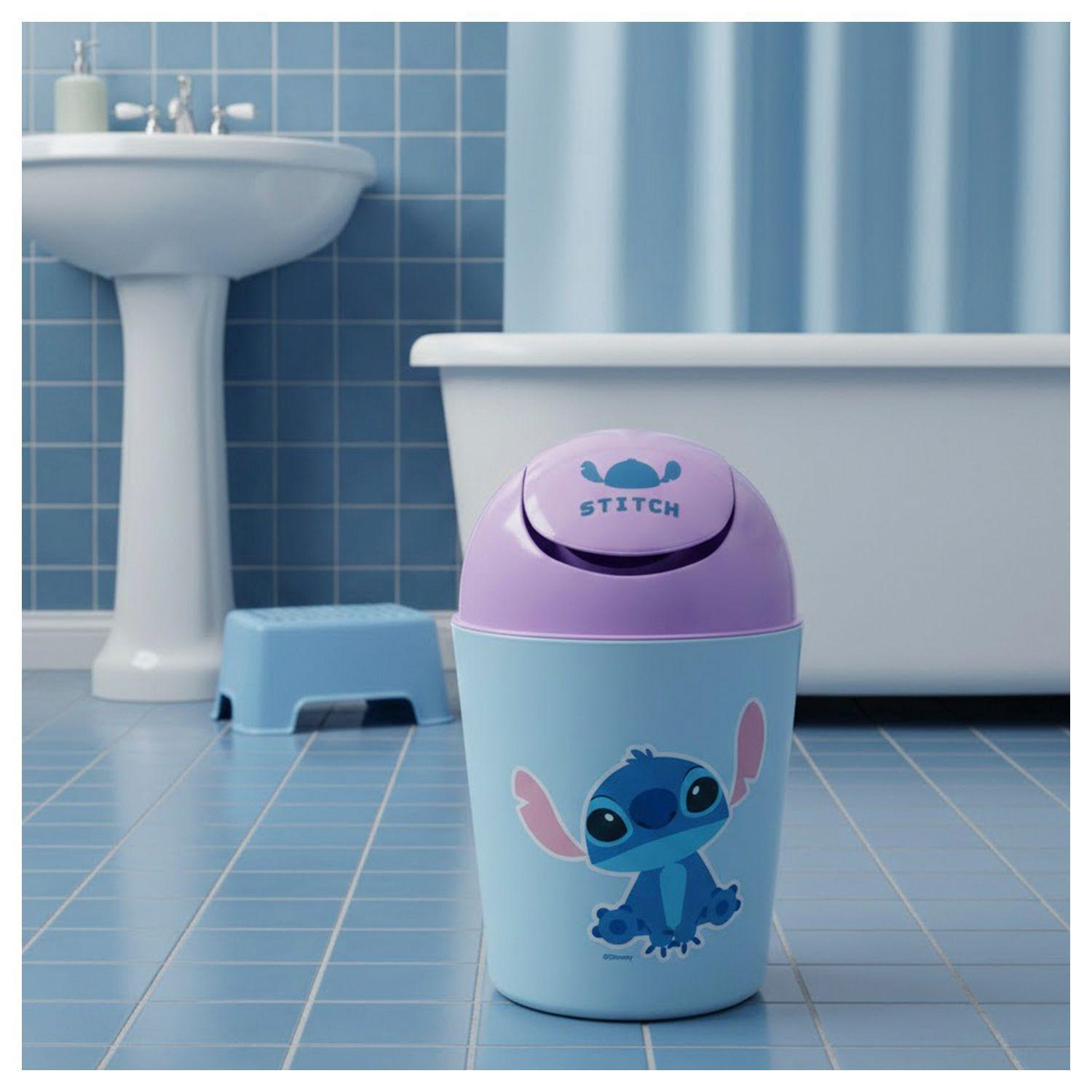 Basurero Plastico Stitch Disney Baño Niños 5 Lts Con Tapa Celeste-1
