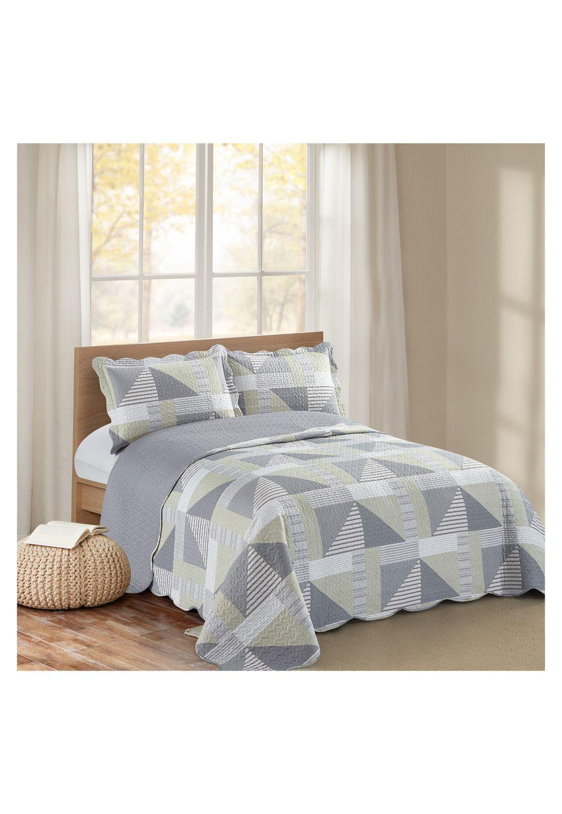 Quilt Cubrecama Reversible Patchwork 1,5 Plaza Gris-1