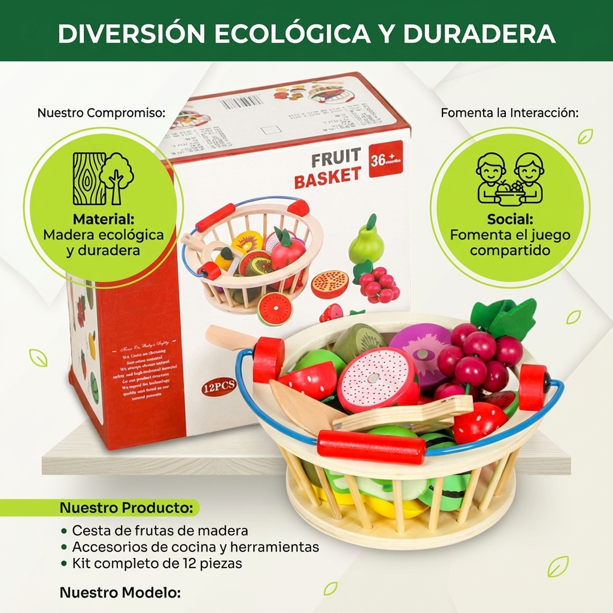 Juguete Didactico Niños Madera Set Canasta Frutas Cocina Vkids-2