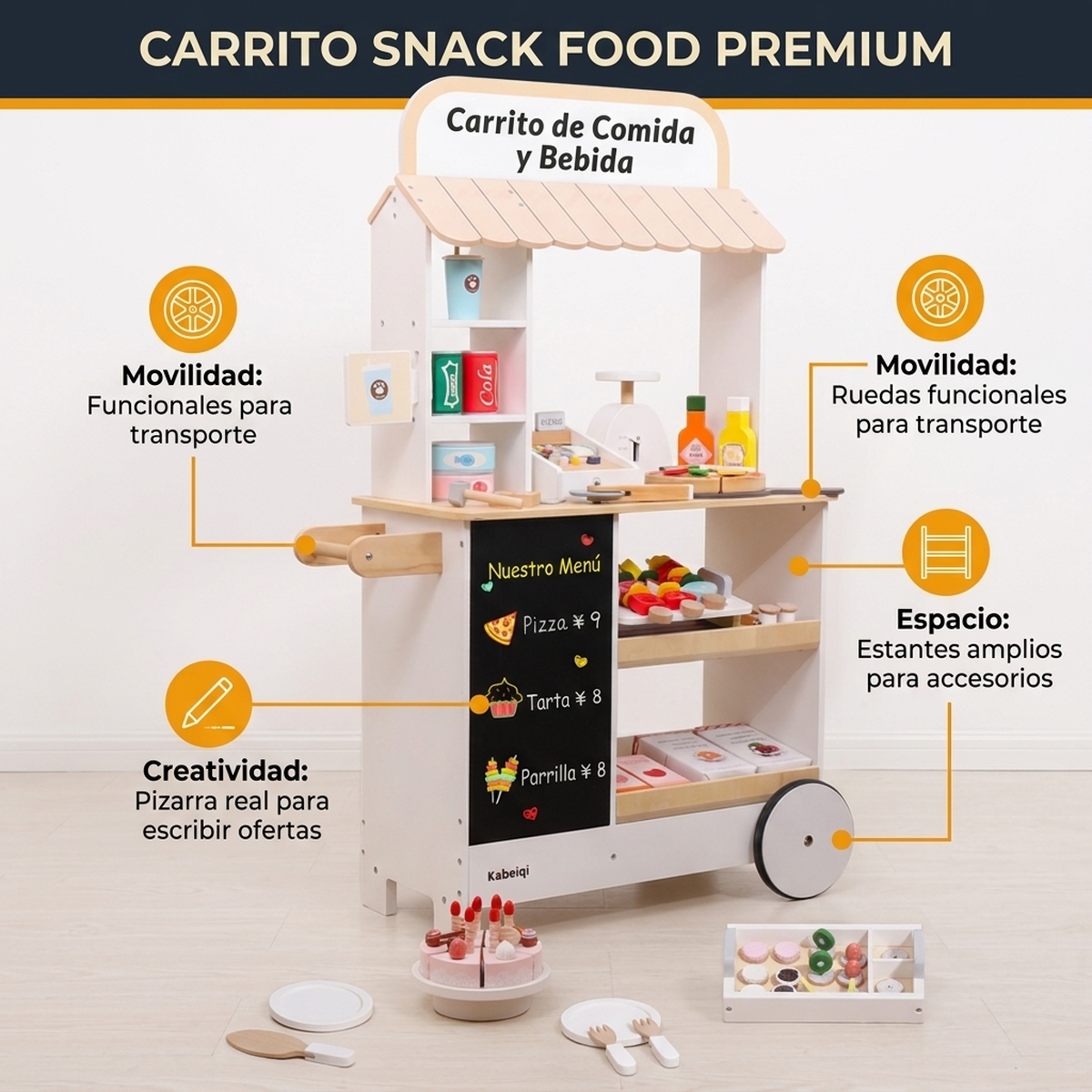 Juguete Madera Niños Carrito Stand Comida Set Juego de Roles Vkids - Carrito Comida-1