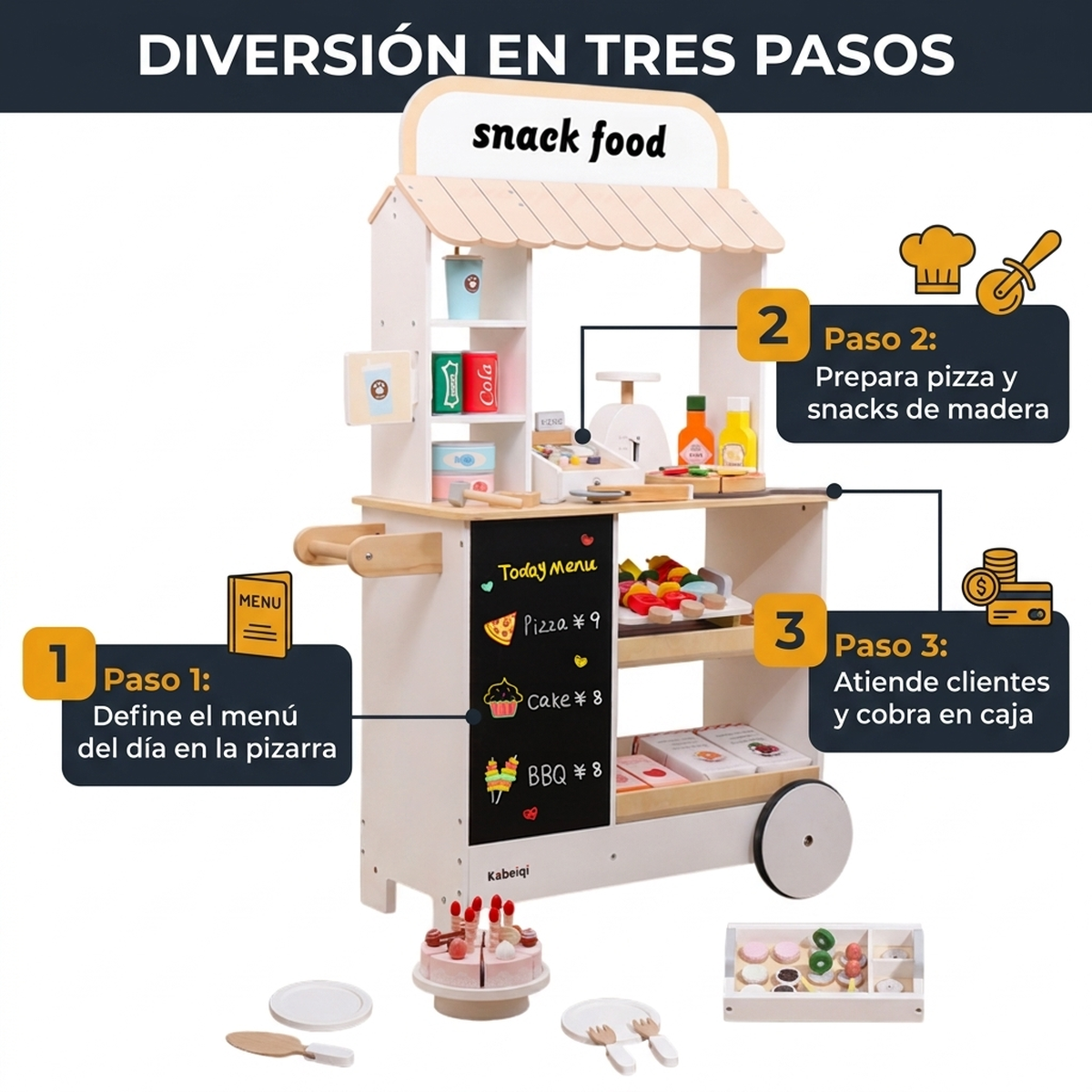 Juguete Madera Niños Carrito Stand Comida Set Juego de Roles Vkids - Carrito Comida-5