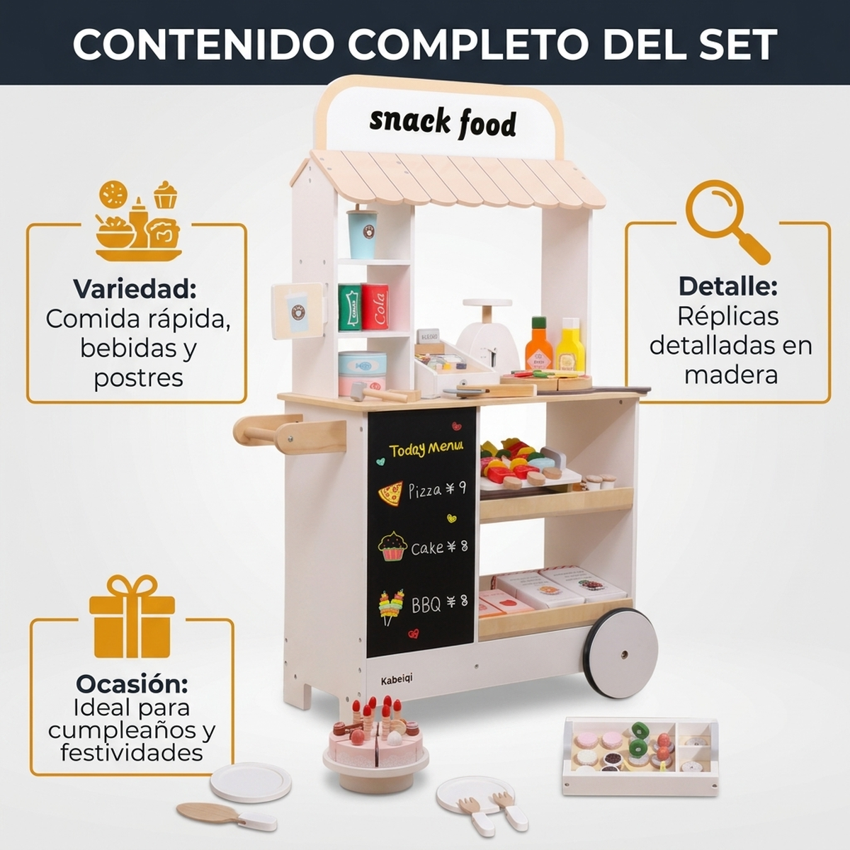 Juguete Madera Niños Carrito Stand Comida Set Juego de Roles Vkids - Carrito Comida-6