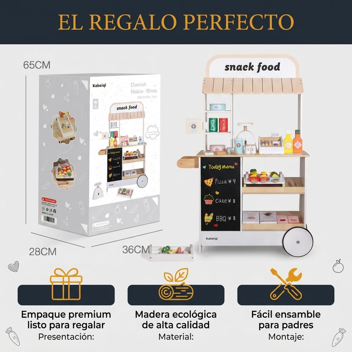 Juguete Madera Niños Carrito Stand Comida Set Juego de Roles Vkids - Carrito Comida-7