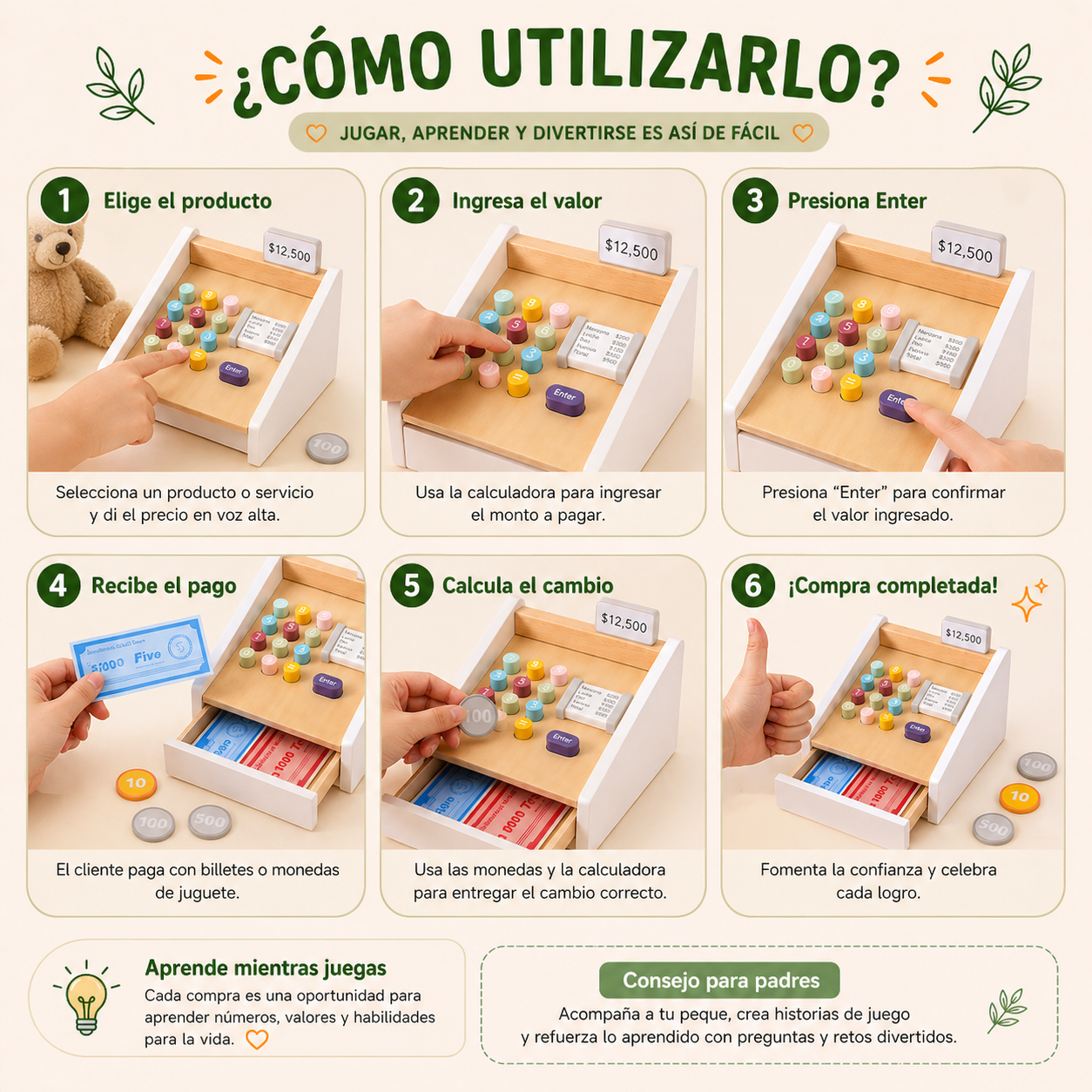 Juguete Madera Infantil Juego Caja Registradora Dinero Niños-2