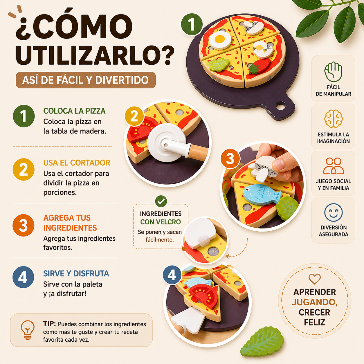 Juego Didactico Niños Set Pizza Utencilios Cocina Madera Vkids - Utencilios-5