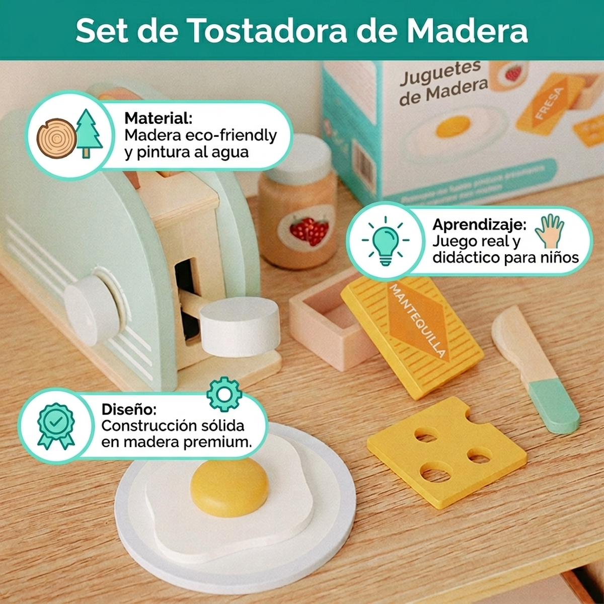 Juguete Infantil Madera Juego Bebe Set Tostadora Pan Cocina-2