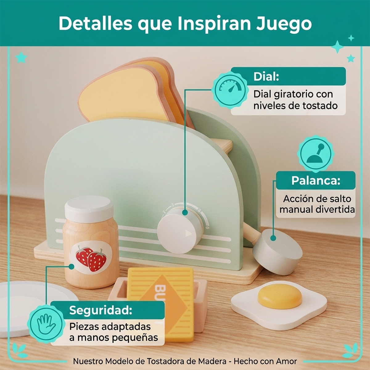 Juguete Infantil Madera Juego Bebe Set Tostadora Pan Cocina-3