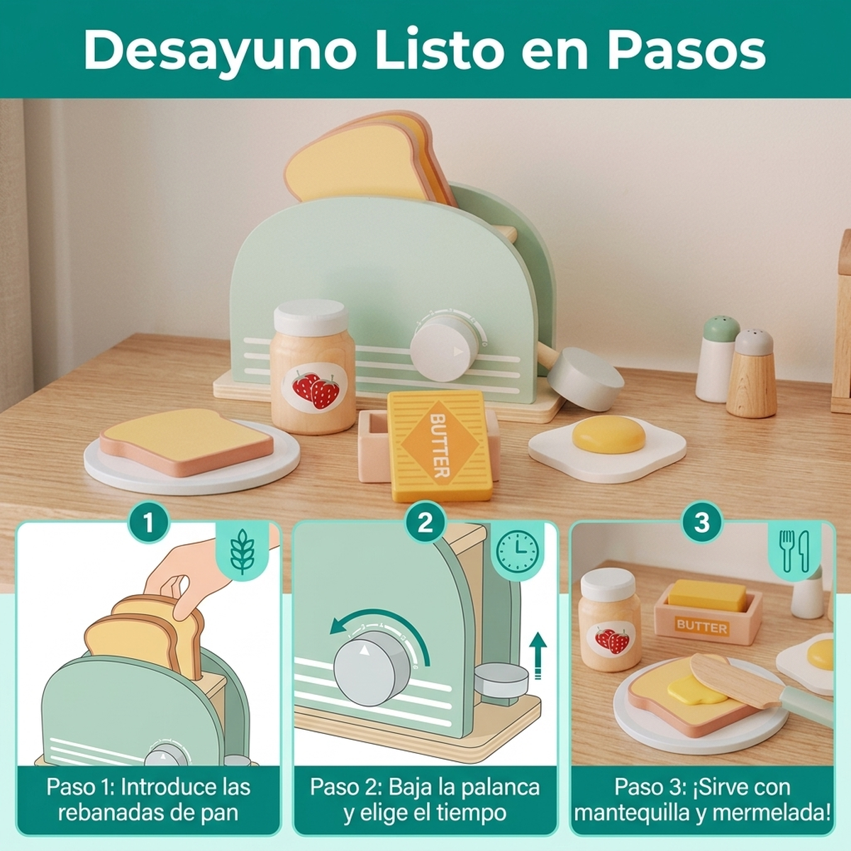 Juguete Infantil Madera Juego Bebe Set Tostadora Pan Cocina-6