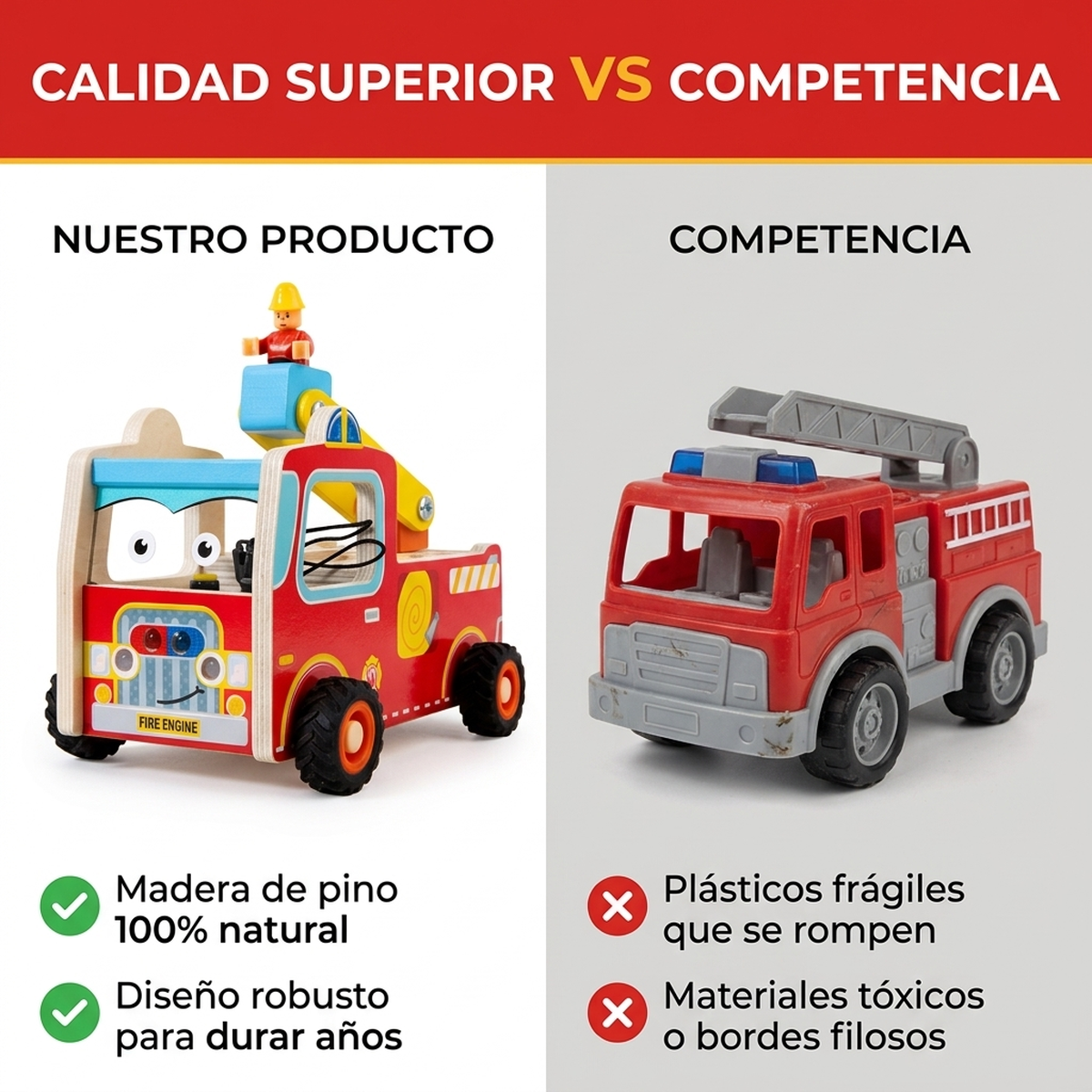 Juguete Madera Montessori Camion Bomberos Motricidad Fina Vkids - Camion Bomberos-2