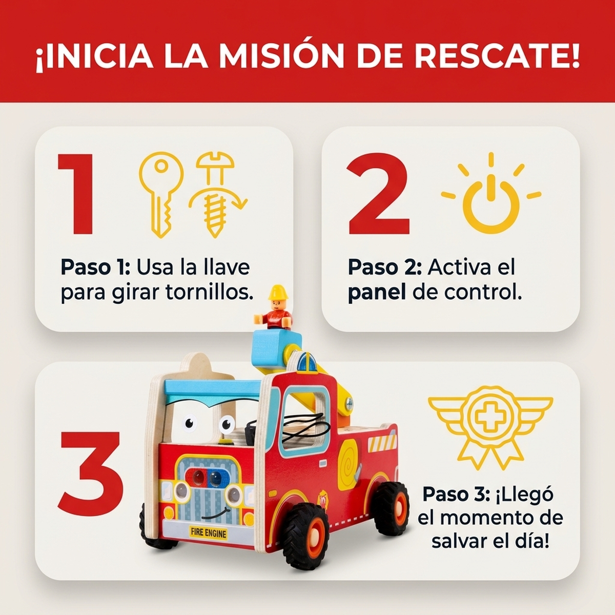 Juguete Madera Montessori Camion Bomberos Motricidad Fina Vkids - Camion Bomberos-4