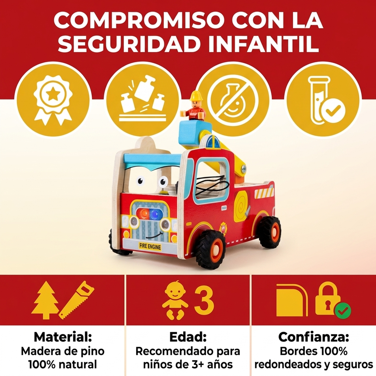 Juguete Madera Montessori Camion Bomberos Motricidad Fina Vkids - Camion Bomberos-5