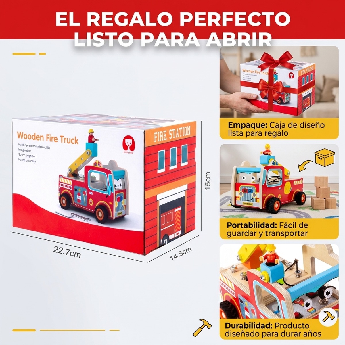 Juguete Madera Montessori Camion Bomberos Motricidad Fina Vkids - Camion Bomberos-6