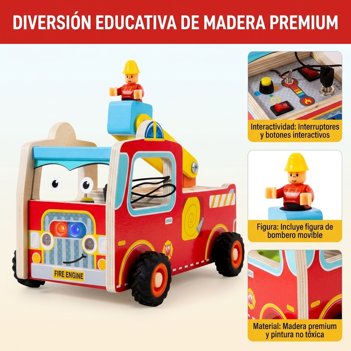 Juguete Madera Montessori Camion Bomberos Motricidad Fina Vkids - Camion Bomberos-7