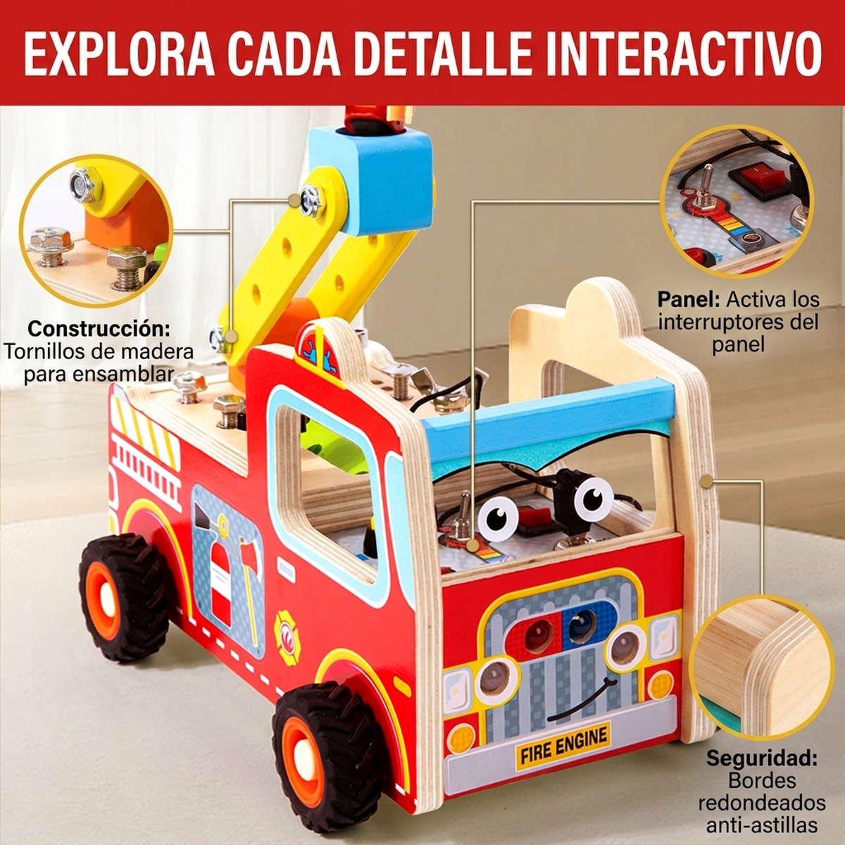 Juguete Madera Montessori Camion Bomberos Motricidad Fina Vkids - Camion Bomberos-8