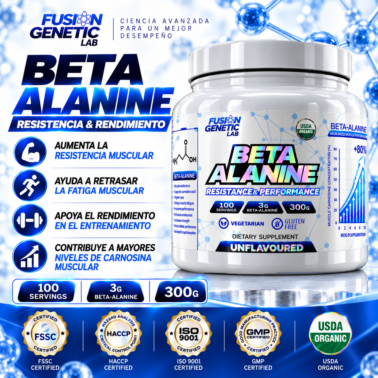 Beta Alanina 300g Fusion Genetic Lab 100 Porciones Resistencia y Rendimiento Muscular Sin Sabo-4