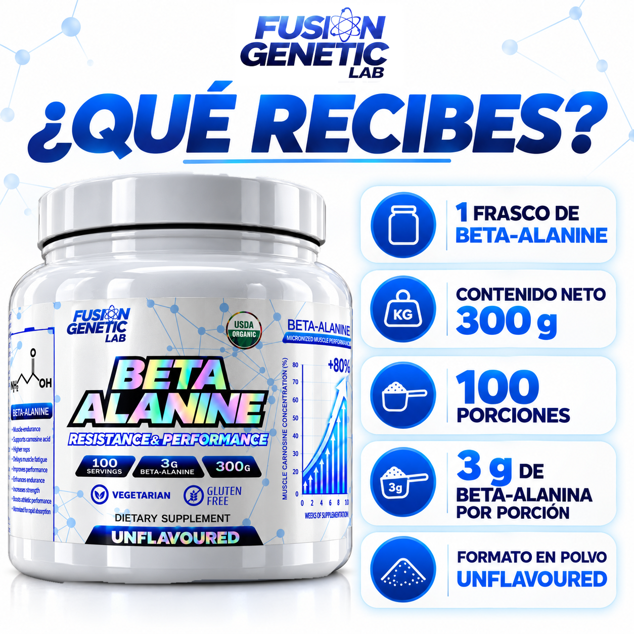 Beta Alanina 300g Fusion Genetic Lab 100 Porciones Resistencia y Rendimiento Muscular Sin Sabo-8