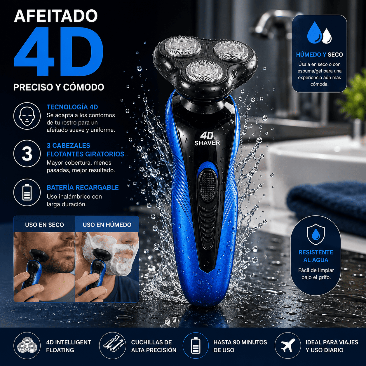 M quina de Afeitar El ctrica 4D Recargable con Cabezales Flotantes Giratorios Afeitadora Inal mbrica-7