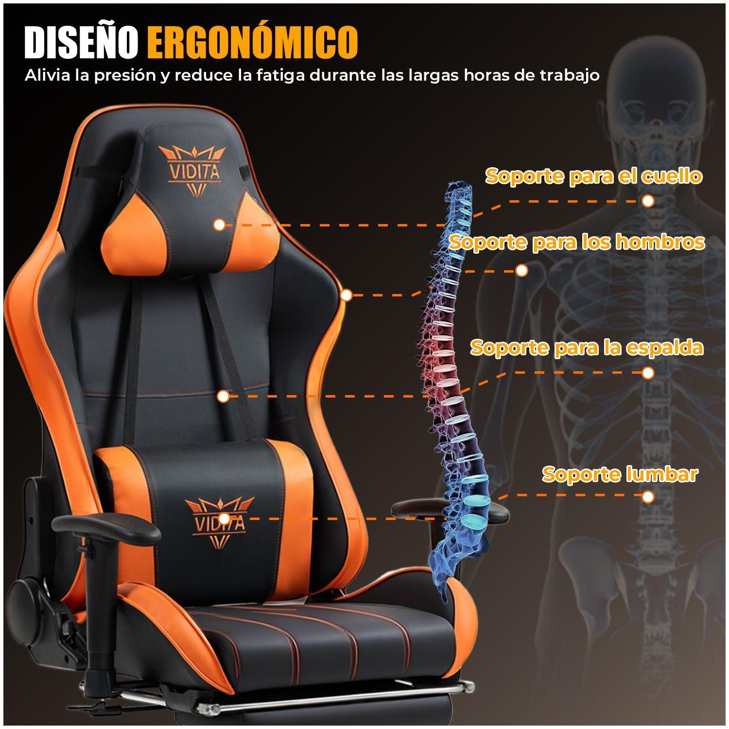 Silla Gamer Premium ES900 Reclinable 180 Reposabrazos 2D Naranja-3
