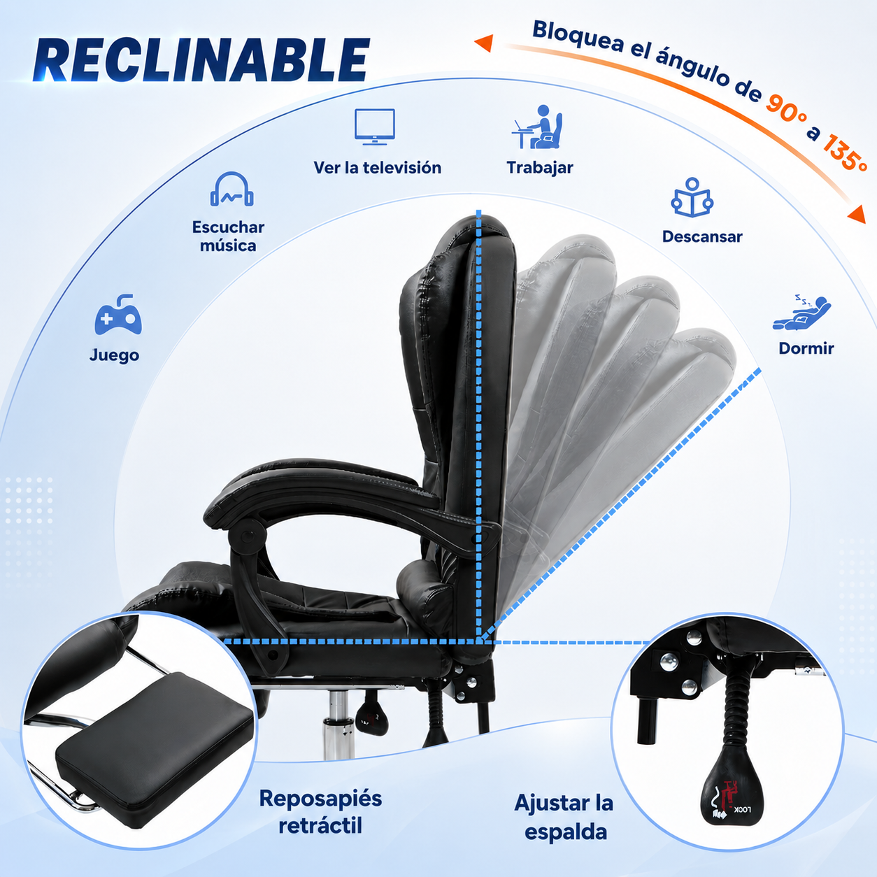 Silla Solana Ejecutiva Reclinable Con Masajeador Reposapies Cuero Sintetico Ergonomica Giratoria-3