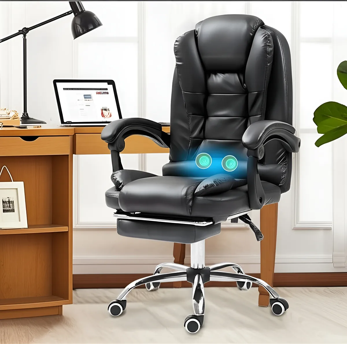 Silla Solana Ejecutiva Reclinable Con Masajeador Reposapies Cuero Sintetico Ergonomica Giratoria-6
