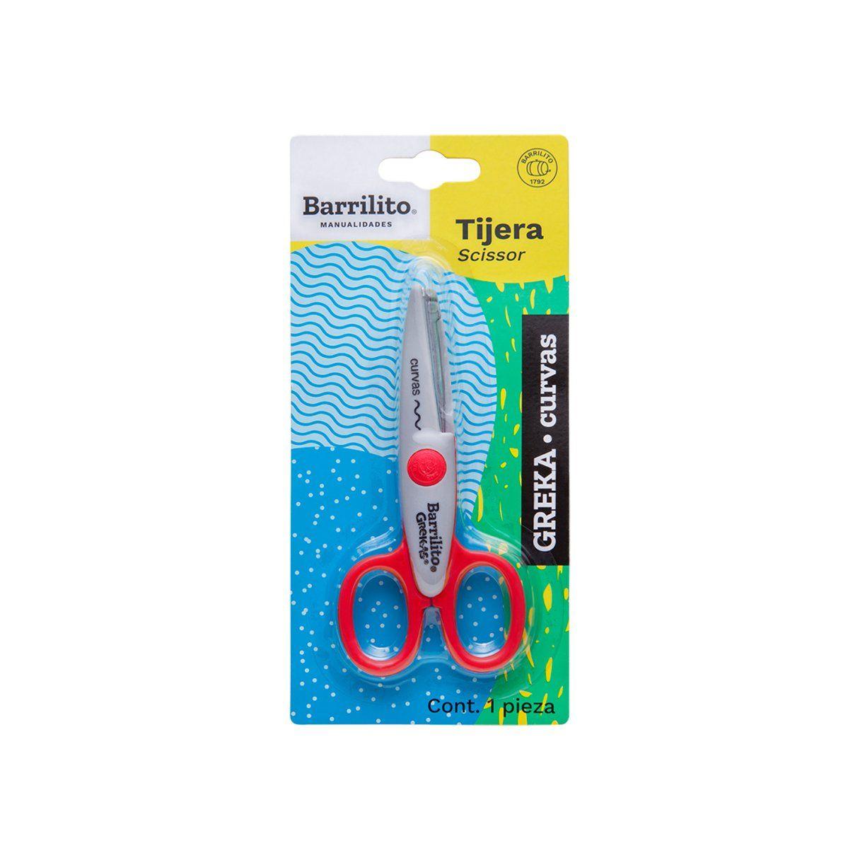 Tijera Barrilito Greka Curva 45 mm con punta roma gris y rojo-1