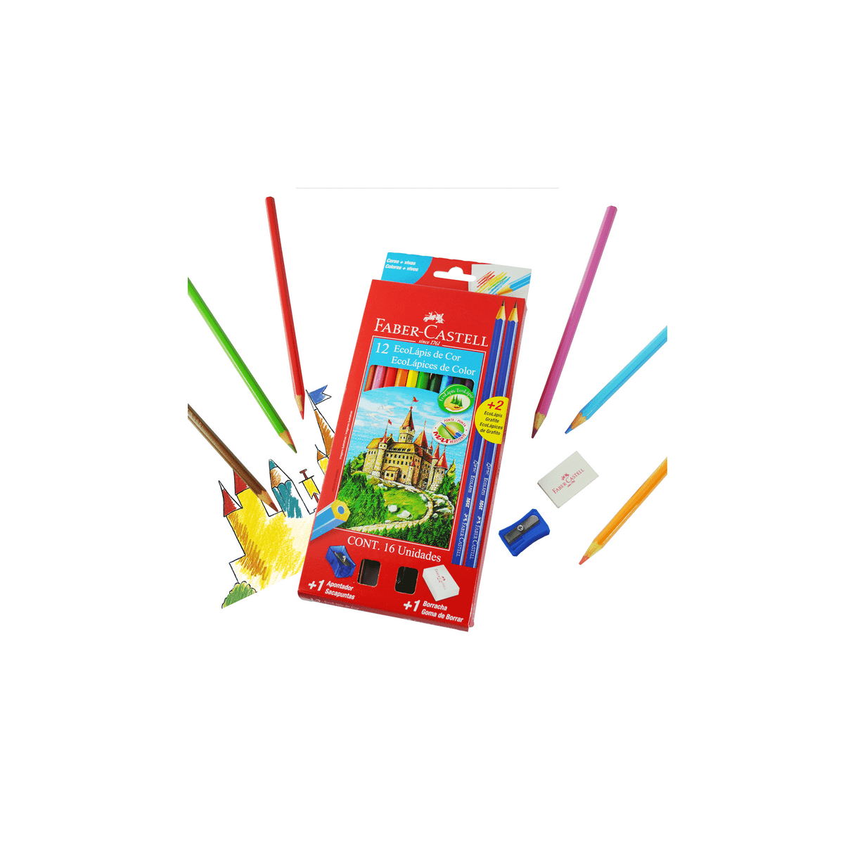 Lápices de color Faber Castell largo 12 colores con 2 grafito, goma y sacapuntas-2